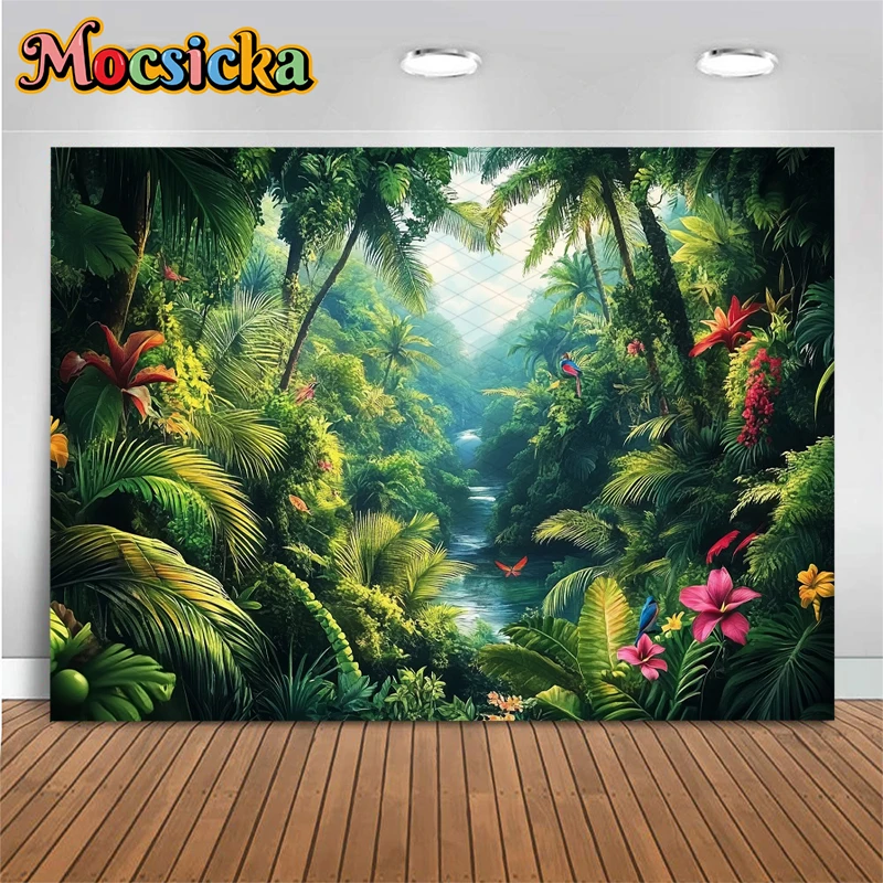 Mocsicka Summer Photography Backdrop Birthday Shoot Background Tropical Rainforest Green Forest Leaves Decor Photo Studio Banner