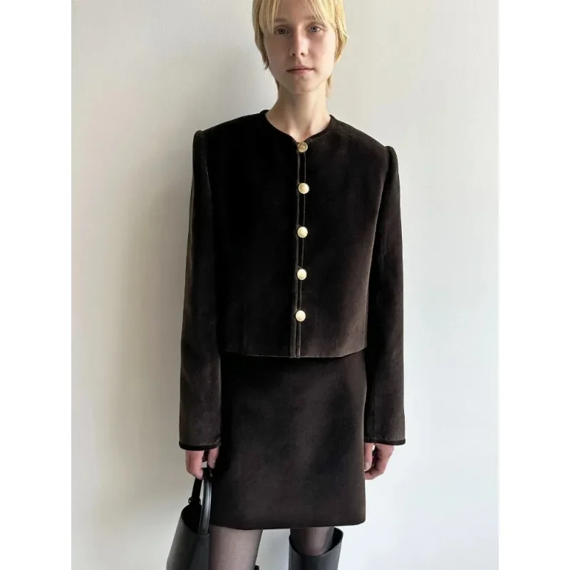 LC @-Dark Brown Single-breasted Round Collar Coat, New Elegant Skirt, Autumn and Winter 2024