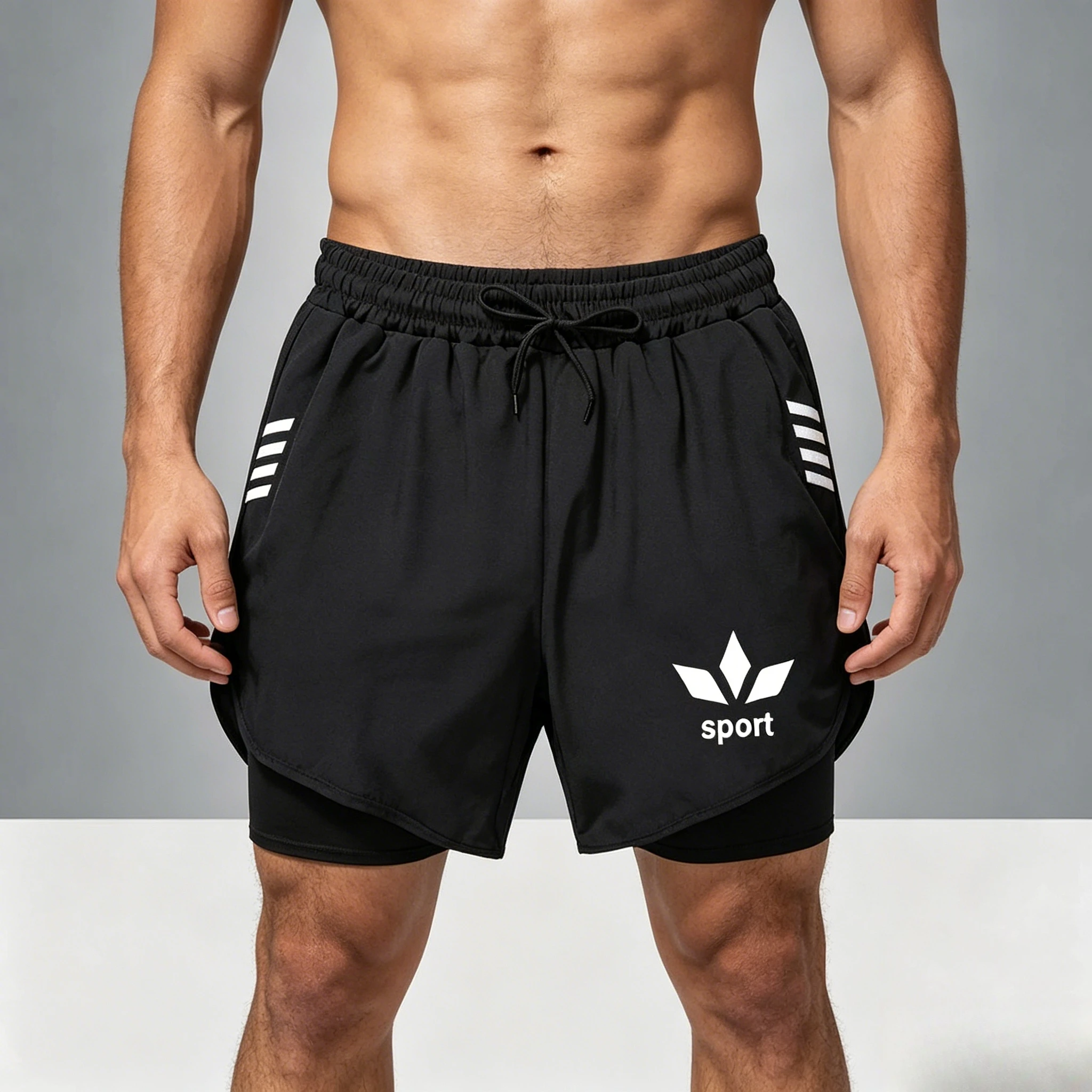 

Мужские шорты для бега 2-в-1 с подкладкой, быстросохнущие, для тренировок в спортзале, с карманами, черные, новинка 2026 года