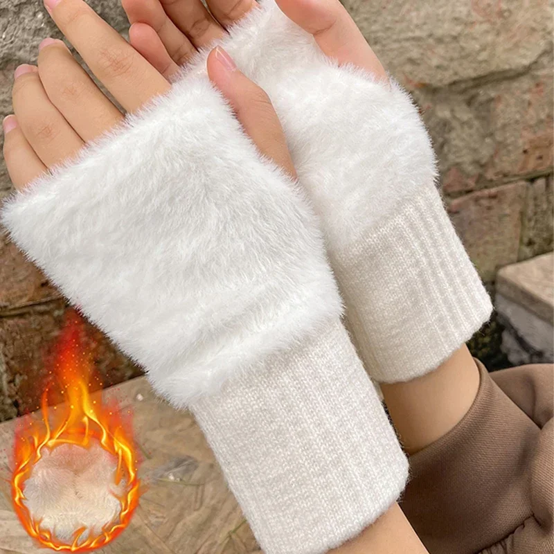 Retro Mink Fleece Soft Winter Half Finger Gloves Women Warm Solid Color Plush Knitted Fingerless Gloves Wrist Mittens Writting