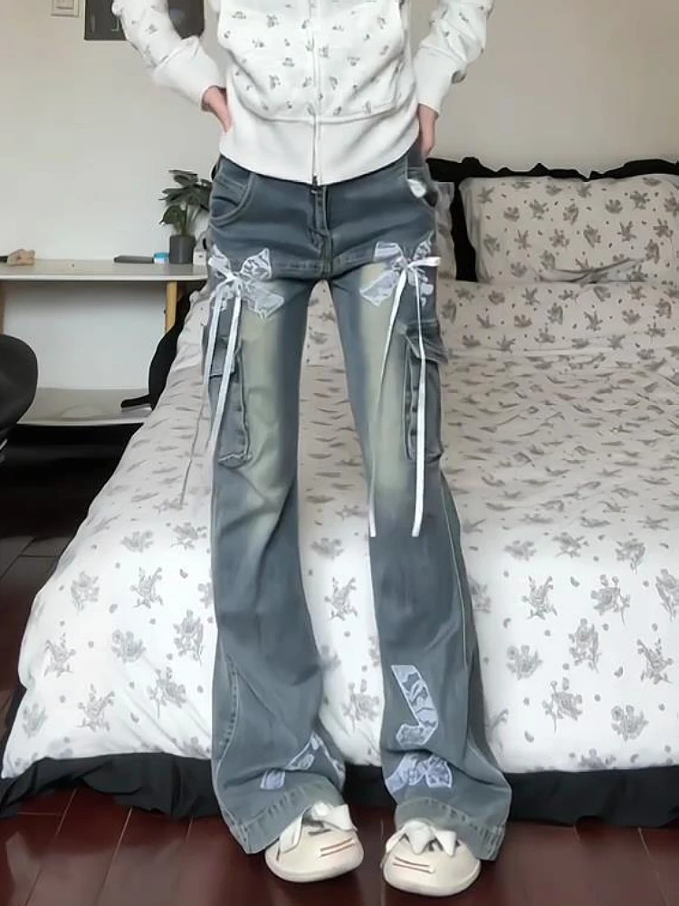 

American Style Retro Lace Knot Flared Jeans Women plus Size 2026 New Slimming Long Pants Trendy High Waist Denim