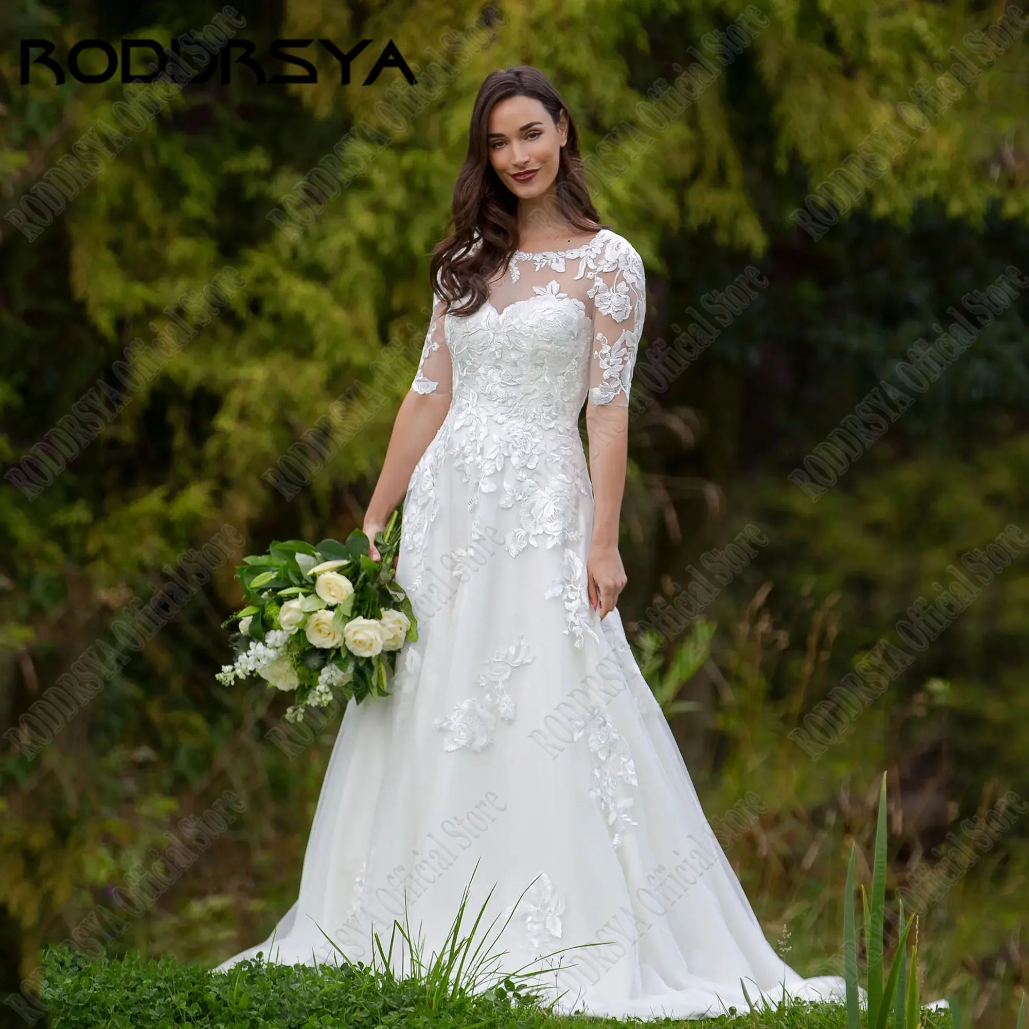 

RODDRSYA Customized O Neck Lace Bohemian Wedding Dreses Half Sleeves Applique Bride Dress Boho Bridal Gowns Tulle Sweep Train