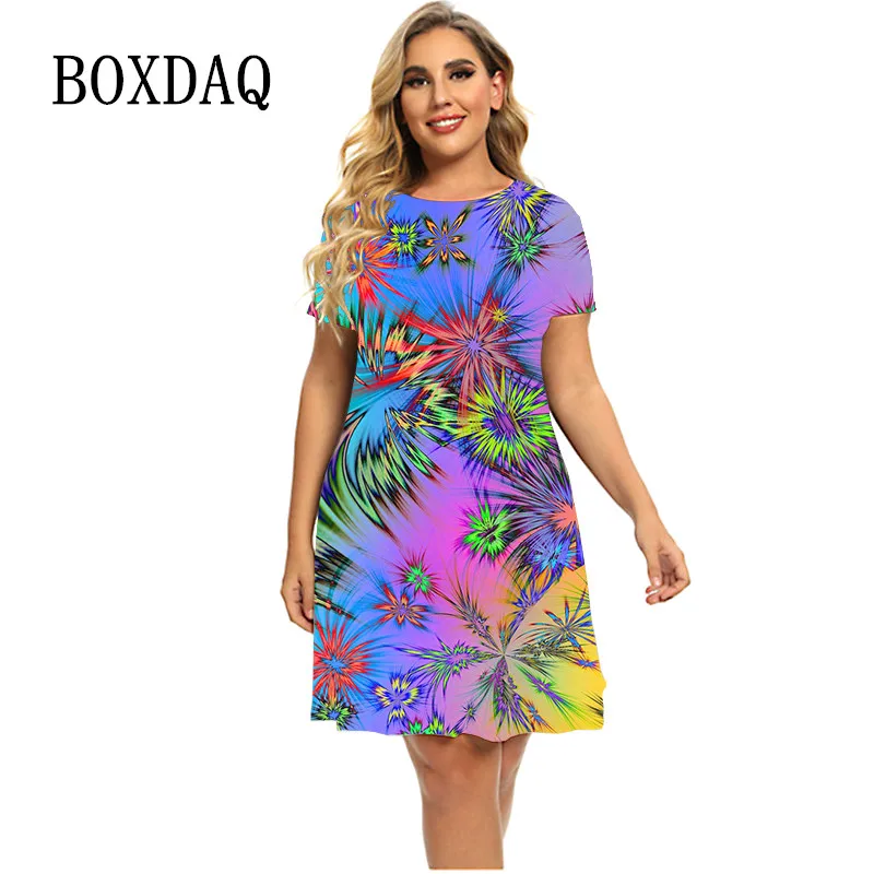 6XL Large Size 2023 Women Clothing Floral Power Print Dress Fashion Gradient Short Sleeve A-Line Dress Sundress Plus Size Dress