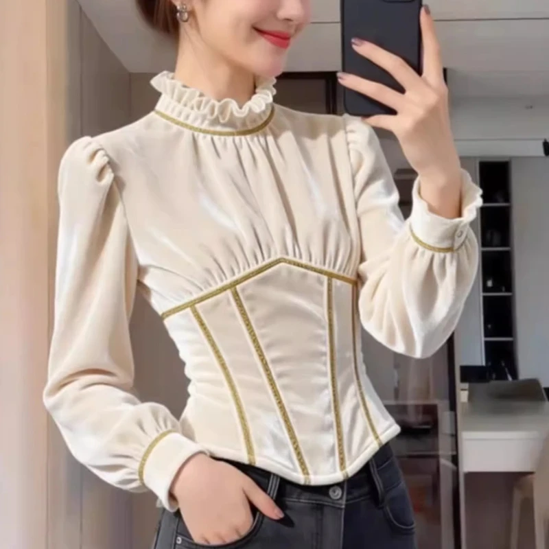 

Весна-Осень, женская лоскутная бежевая бархатная футболка с оборками и воротником-стойкой, женские винтажные велюровые топы во французском стиле, рубашки