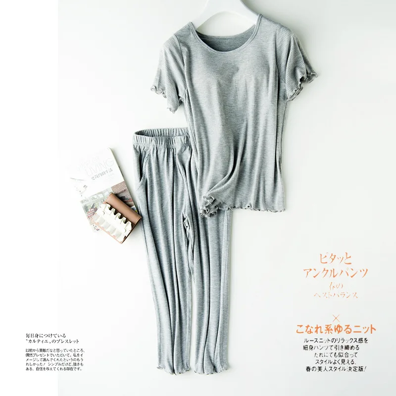 Summer New Ladies Modal Pajamas Two-piece Suit with Chest Pad Short-sleeved Cropped Trousers Plus Size Home Service Sets