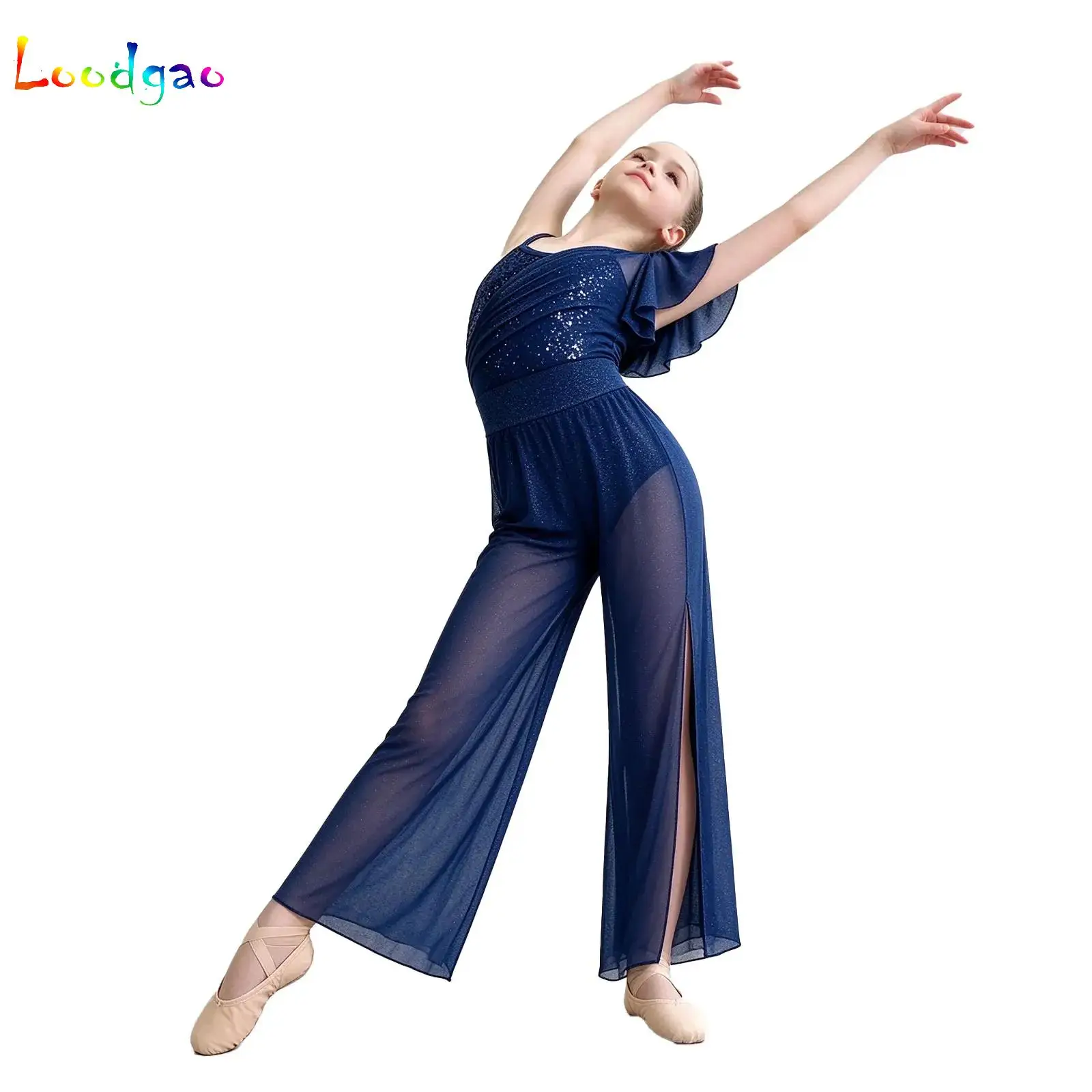 Kids Girls Modern Lyrical Dance Performance Jumpsuit Sheer Mesh Briefs Full Length Bodysuit Acrobatics Gymnastics Ballet Costume