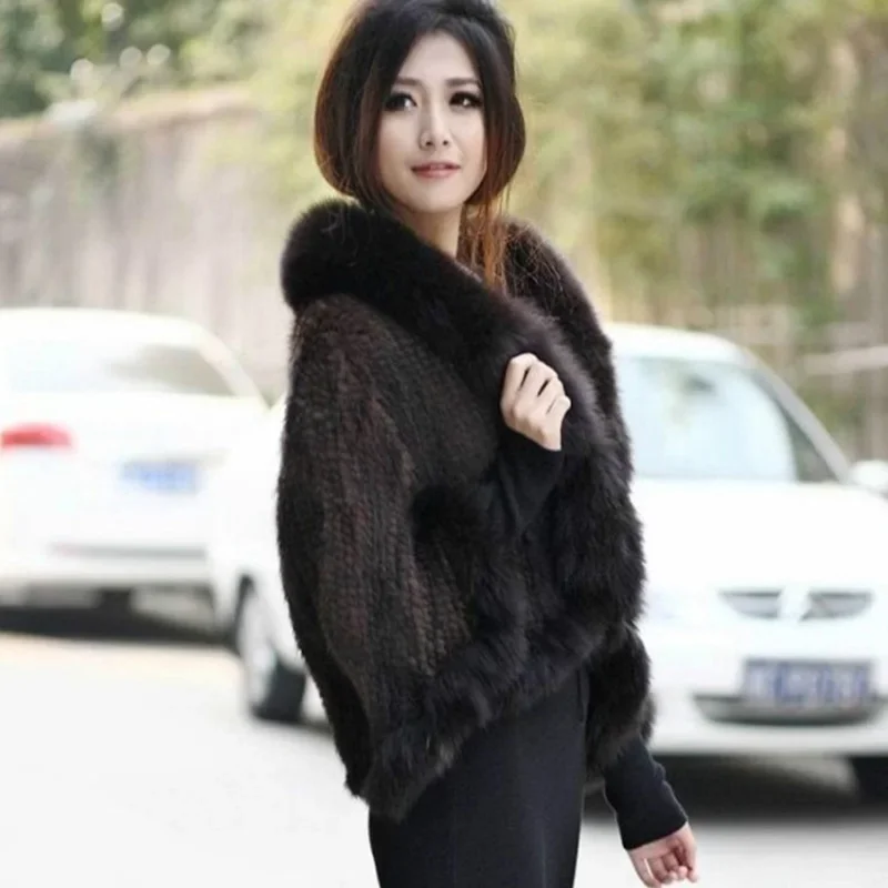 Women\'s Real Natural Mink Fur Knitted Shawl, Fox Fur Collar, Vest, Winter, New Fashion