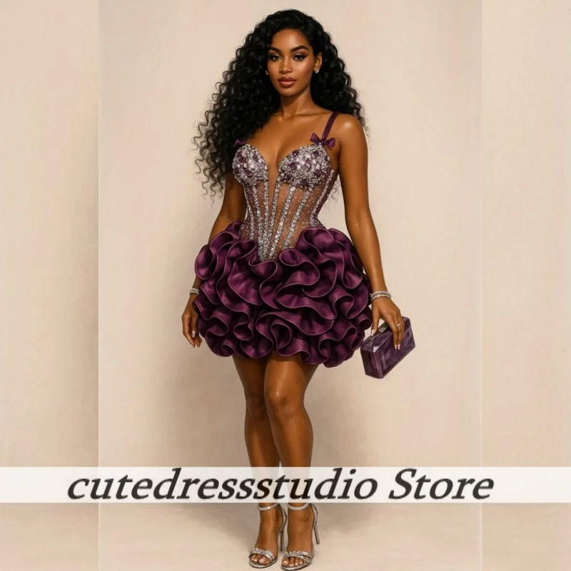 Dark Purple Straps Birthday Dresses Transparent Upper Body Tiered Ruffles Homecoming Dress For Women Mini Prom Gowns Customized