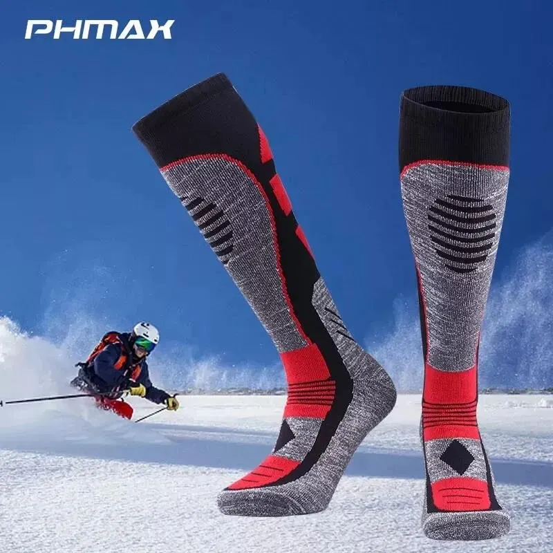 PHMAX Ski Socks Winter Fleece Men Snowboard Thicken Long Barrel Outdoor Sports Sock Keep Warm Cycling Running Hiking Skiing Sock 