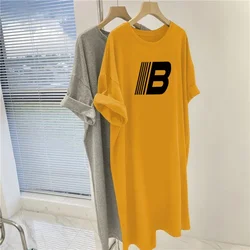 Summer Basics T-shirt Tunics, Short Sleeve O-neck, Over the Knee Casual Loose Pullovers, Women Clothing Long Style Printed Tops