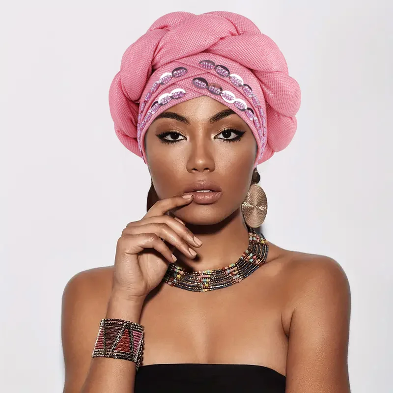 2024 Latest Popular African Women Headscarf Hat Hand-Stitched Bead Braid Hat Nigerial Party Turban Cap High Quality  ZW4-925-1