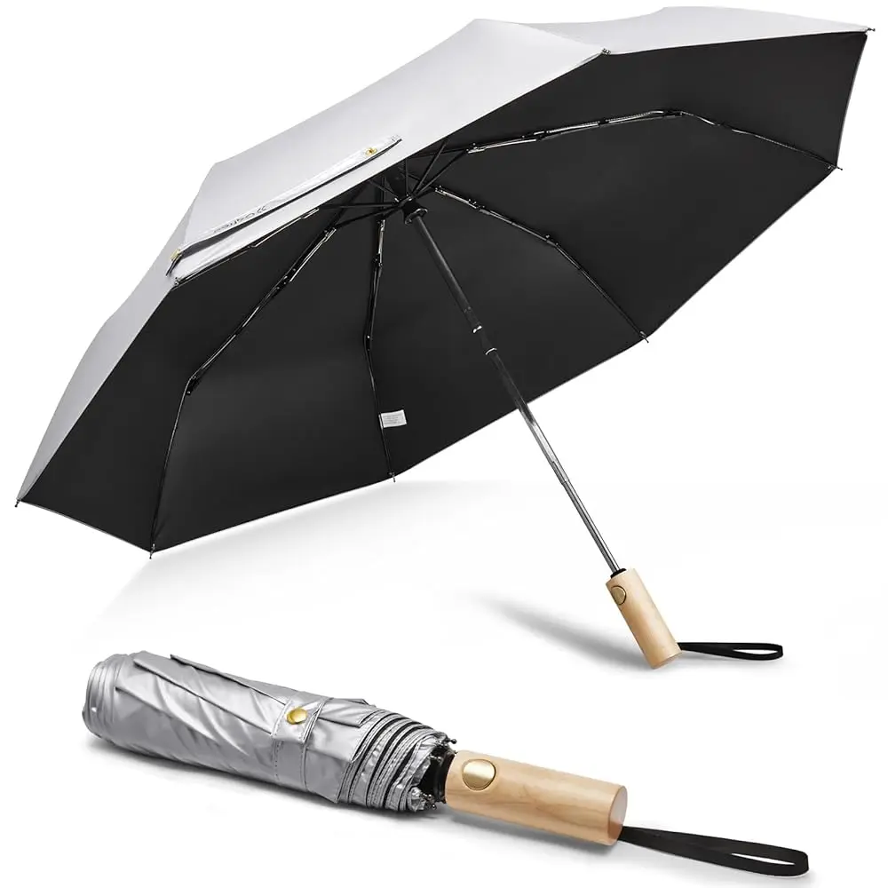 

Windproof Travel Umbrella with Large Wooden Handle, UV Sun Protection & Rain Umbrella Automatic Open And Close, Compact 46\