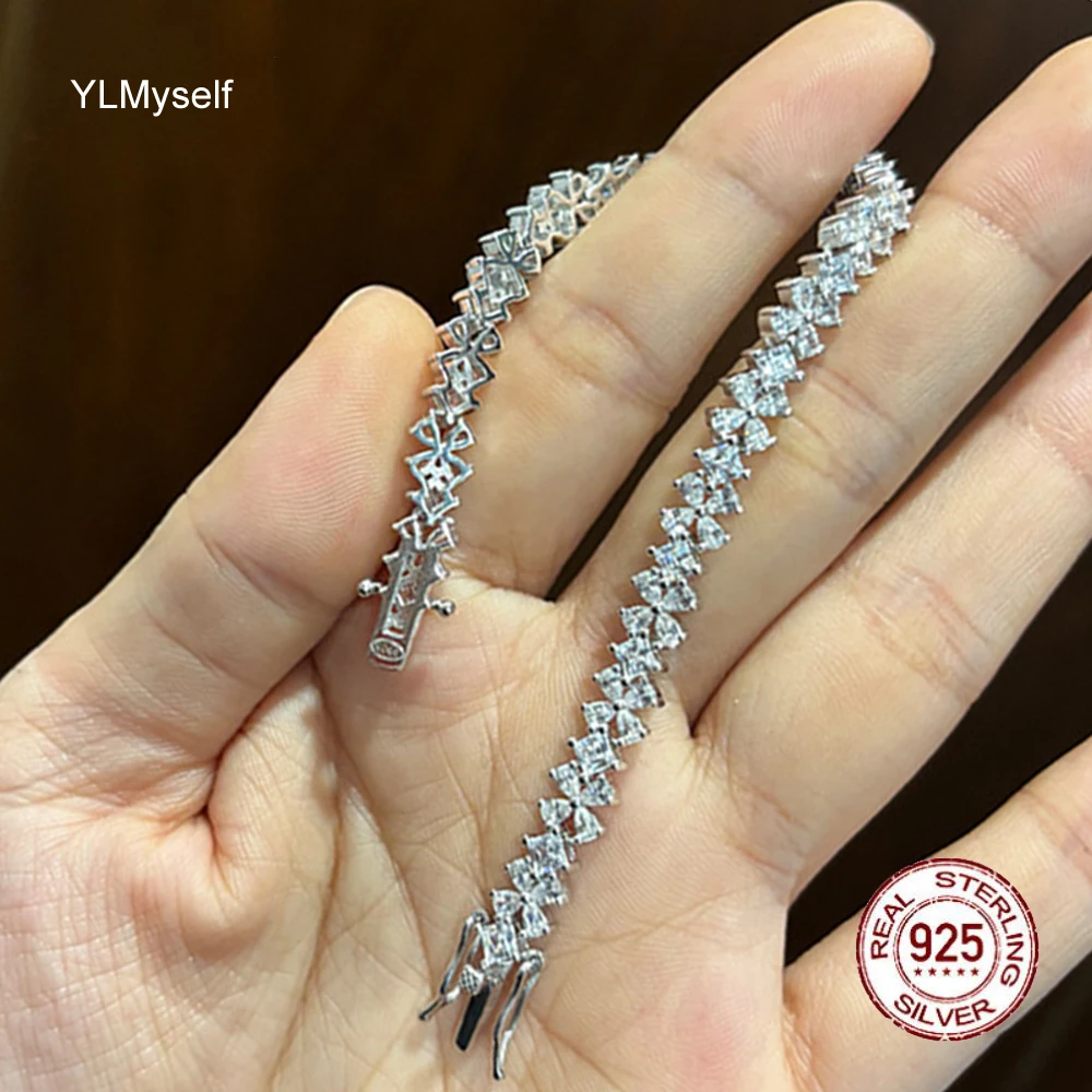 

925 Sterling Silver Bracelet for Women - Pave Teardrop & Square Cubic Zircon Flower Design, Elegant Real Silver Jewelry