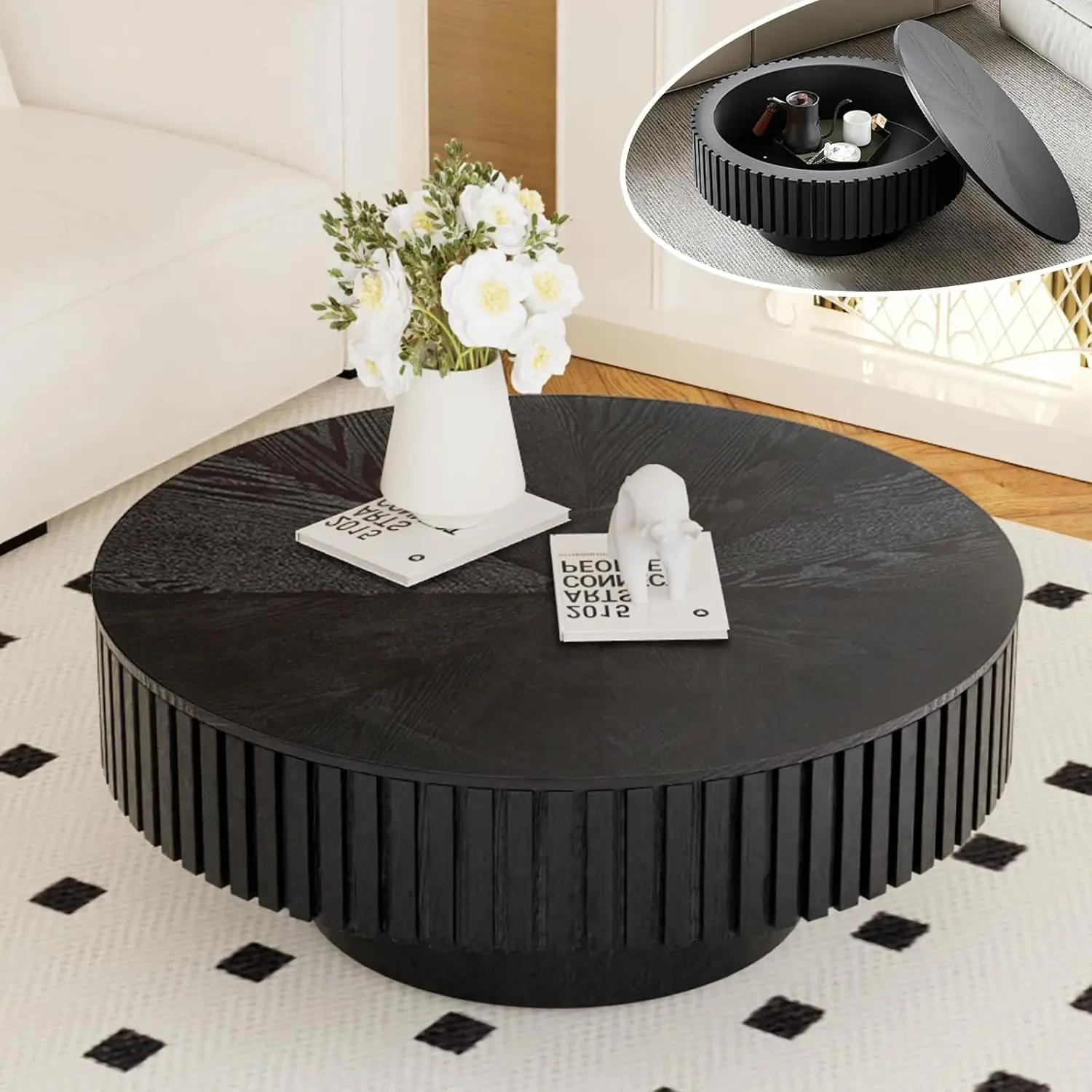

Round Coffee Table With Storage For Living Room Modern Black Fluted Drum Coffee Table 31.4 Inch Low Round Storage Coffee Tables