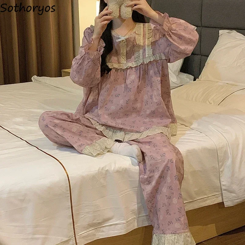 Floral Pajamas for Women Prairie Chic Sweet Patchwork Tender Soft Homewear Aesthetic Students Dormitory Ulzzang Trendy Sleepwear