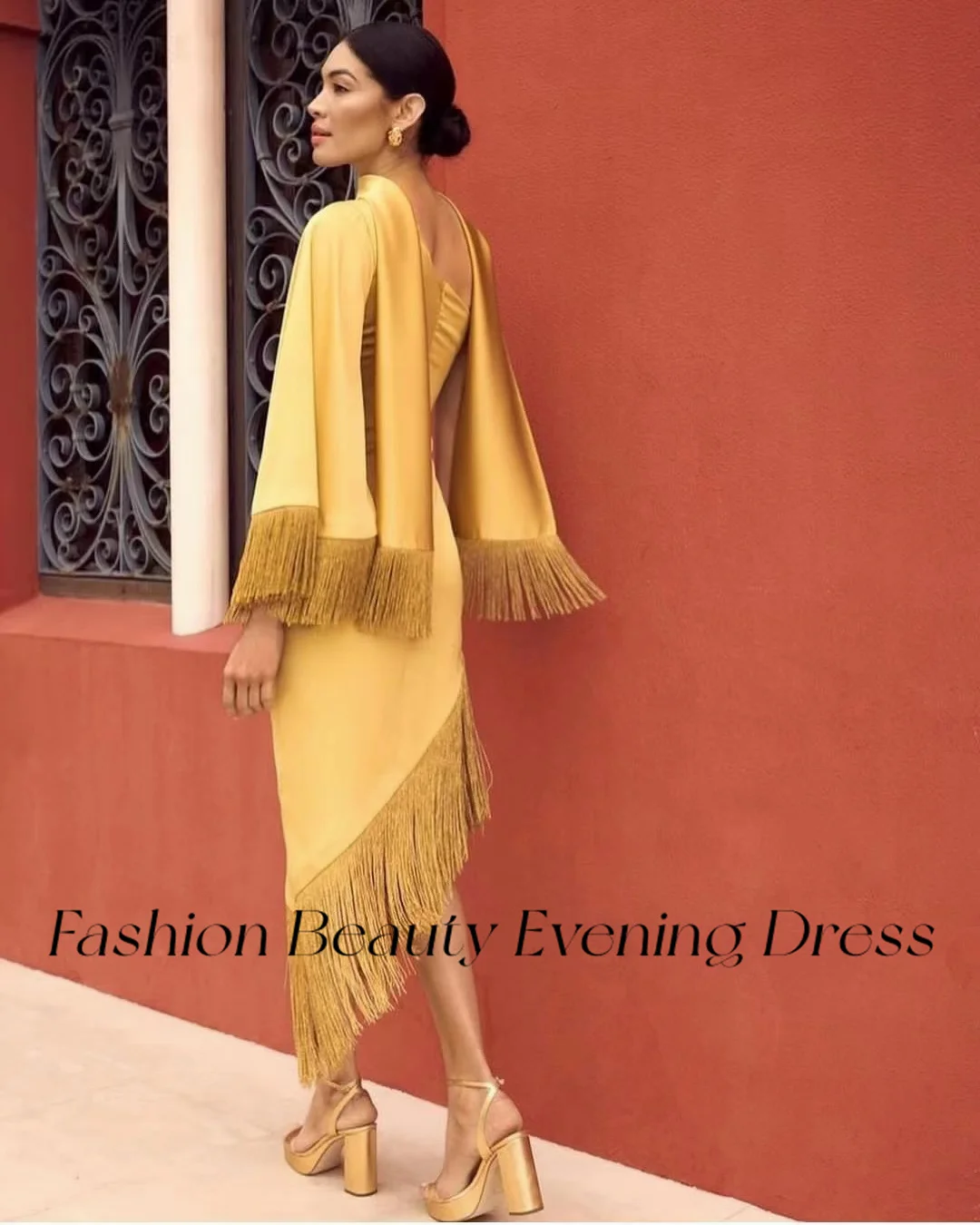 Fashion Beauty Golden Satin Evening Dresses One Shoulder Tassel Tea-Length Elegant Party Dress For Women 2024 vestidos de fiesta