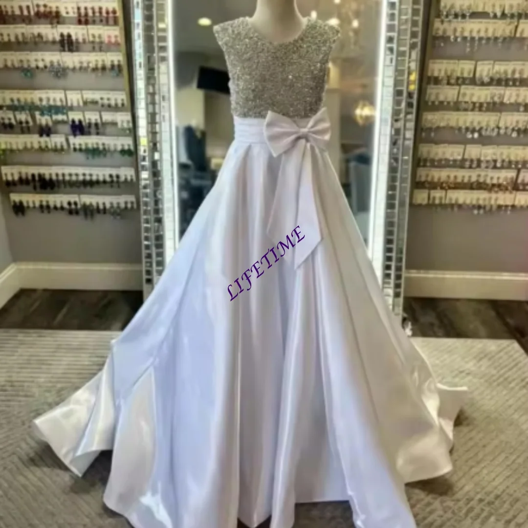 

CustomizedElagant Shiny Flower Girl Dresses Princess Satin Sleeveless with Bow Wedding Party Dress Puffy First Communion Gown