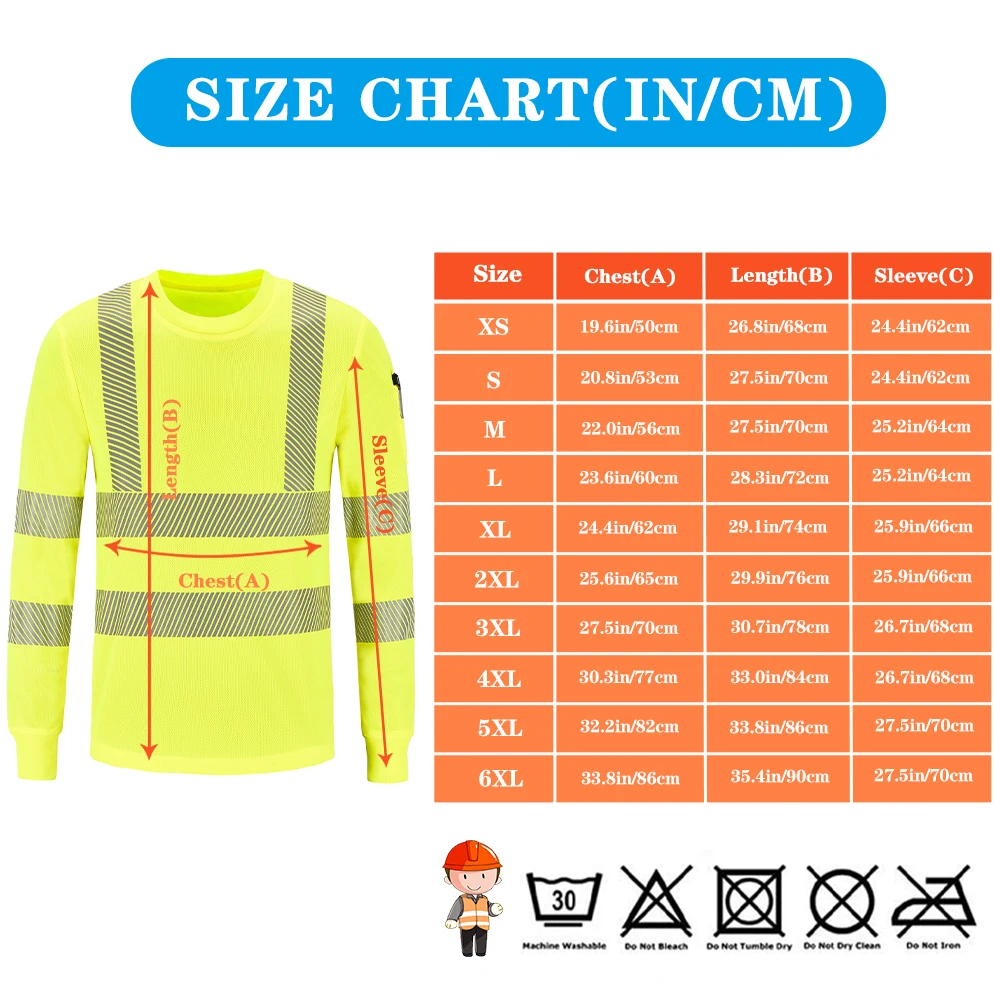 Camiseta de trabajo de seguridad de manga larga de alta visibilidad, camisetas de clase 3 hi vis, EN20471, XS-8XL