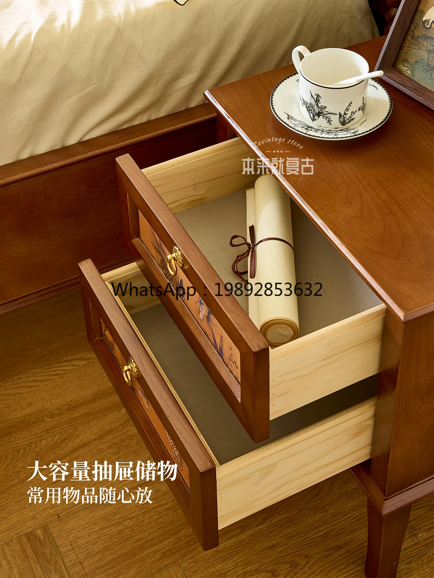 YFY Retro/Xiangwan Bedside Table/French Vintage Style Solid Wood Drawer Storage Side Cabinet Chinese Style