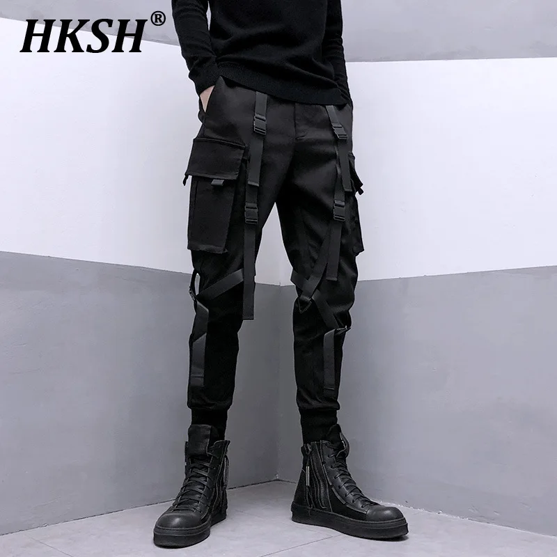 

HKSH Techwear Dark Men's Tide Trend Tactical Multi Pockets Ribbon Overalls Streetwear Fashion Cargo Pants Elastic Waist HK2004