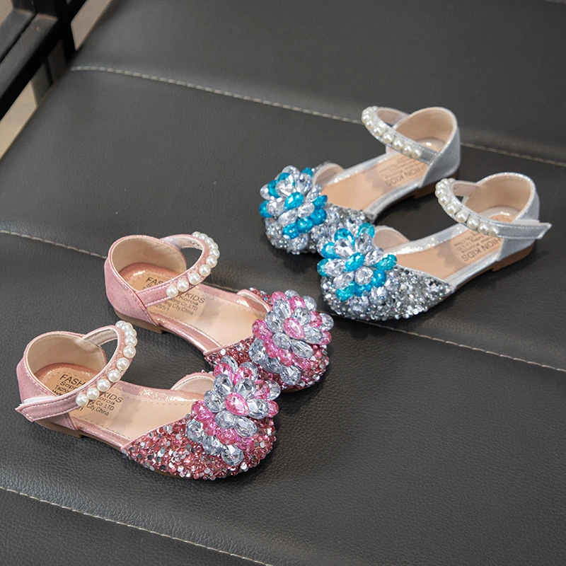 

Spring Girl's Princess Shoes Crystal Pearl Bling Charming Kid's Flat Shoe Blue Pink Anti-slip Party Beautiful Children Shoes