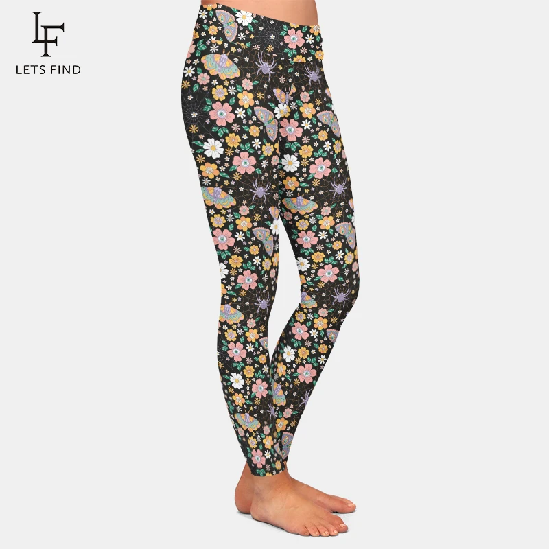 LETSFIND-3D Calças femininas retrô de fitness flor de halloween, estampa teia aranha, cintura alta, leggings slim stretch, moda sexy, nova