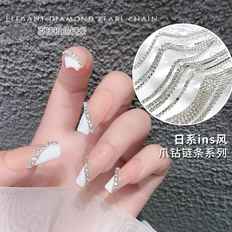30cm Lange Luxus-Kristallketten-Nagelcharms 1,5/2mm Glänzende Klare/AB Diamant-Perlen Nagelkunst Metall-Stahl Französische Nagel-Maniküre-Teile – Detail 2