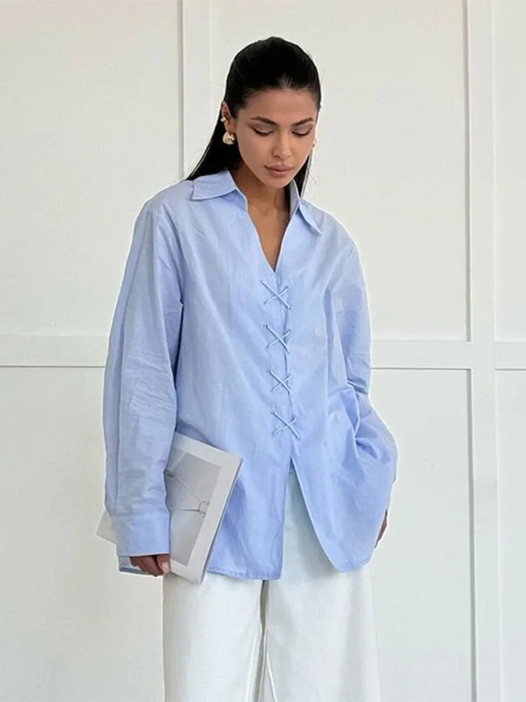 

Casual Cotton Blue Lace Up Women Shirts Turn-down Collar Long Sleeve Loose Female Blouses 2025 Spring Summer New Chic Lady Tops
