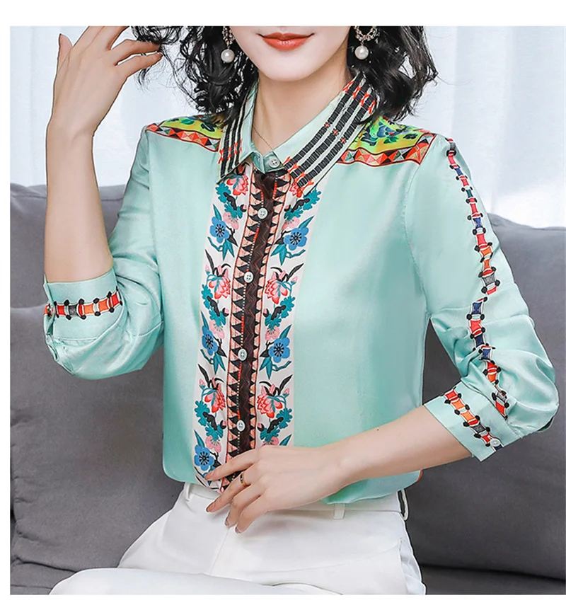 FANIECES Vintage Print Satin Women Shirt Fall Long Sleeve Lapel Button-up Blouses Elegant Tops Office Lady camicie e camicette