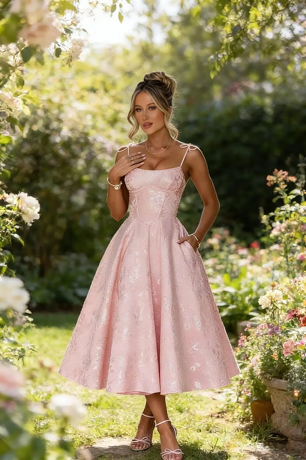 

A-Line Spaghetti Straps Midi Formal Ball Evening Party Dresses Square Neck Jacquard Satin Prom Dresses with Pockets for Women