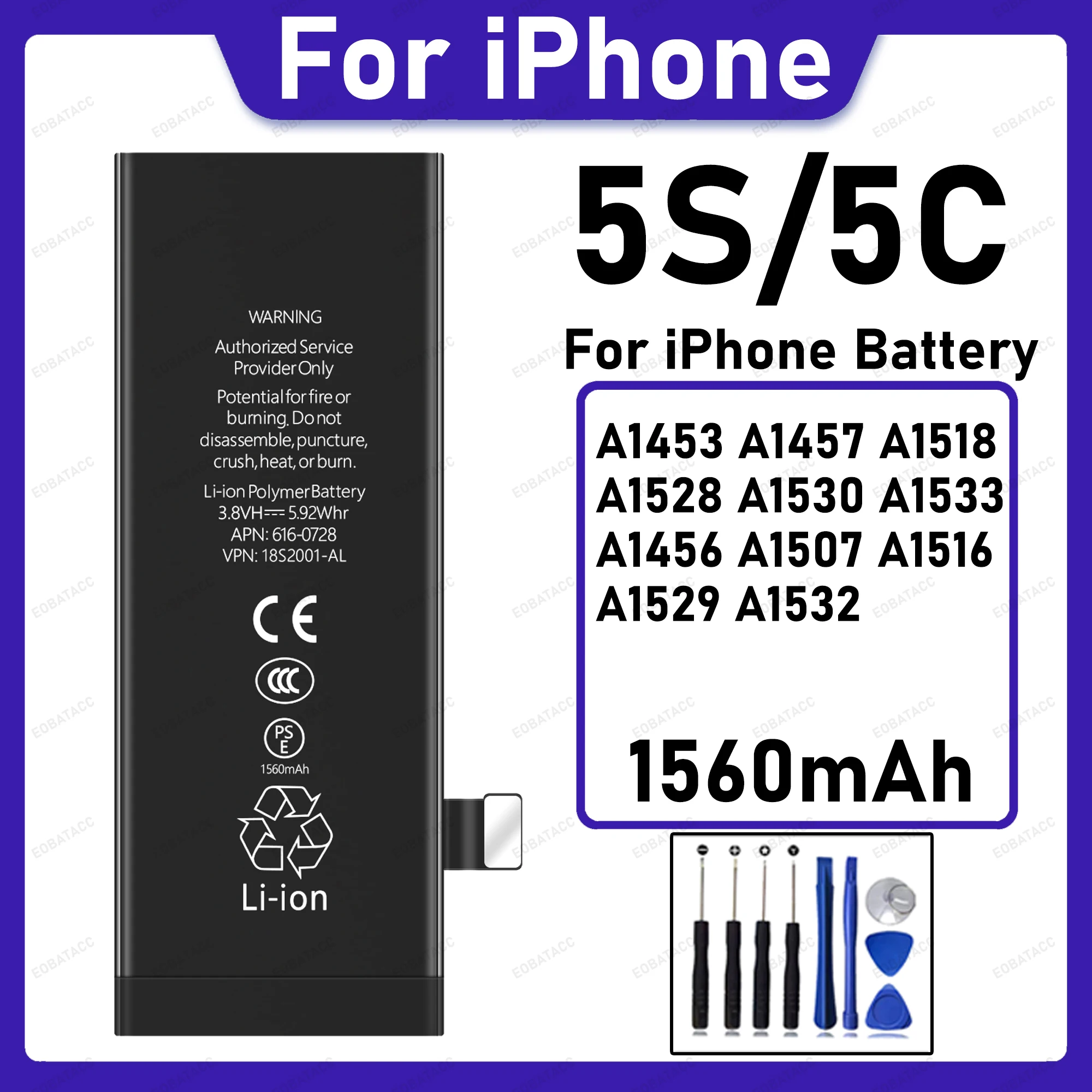 18S2001-AL 1560mAh High Capacity Replacement Battery For Apple iPhone 5S 5C A1453 A1457 A1518 A1528 A1530 High Quality +Free Too