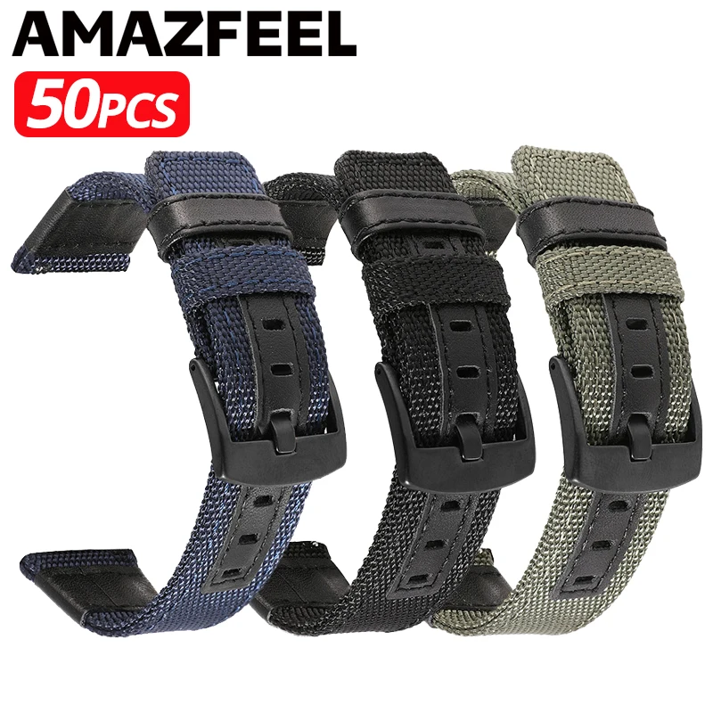 

50pcs Watchband 22mm 20mm Watch Strap Nylon + Genuine Leather Bracelet for Samsung Galaxy watch 4 /Huawei Watch gt 2/Amazfit GTS