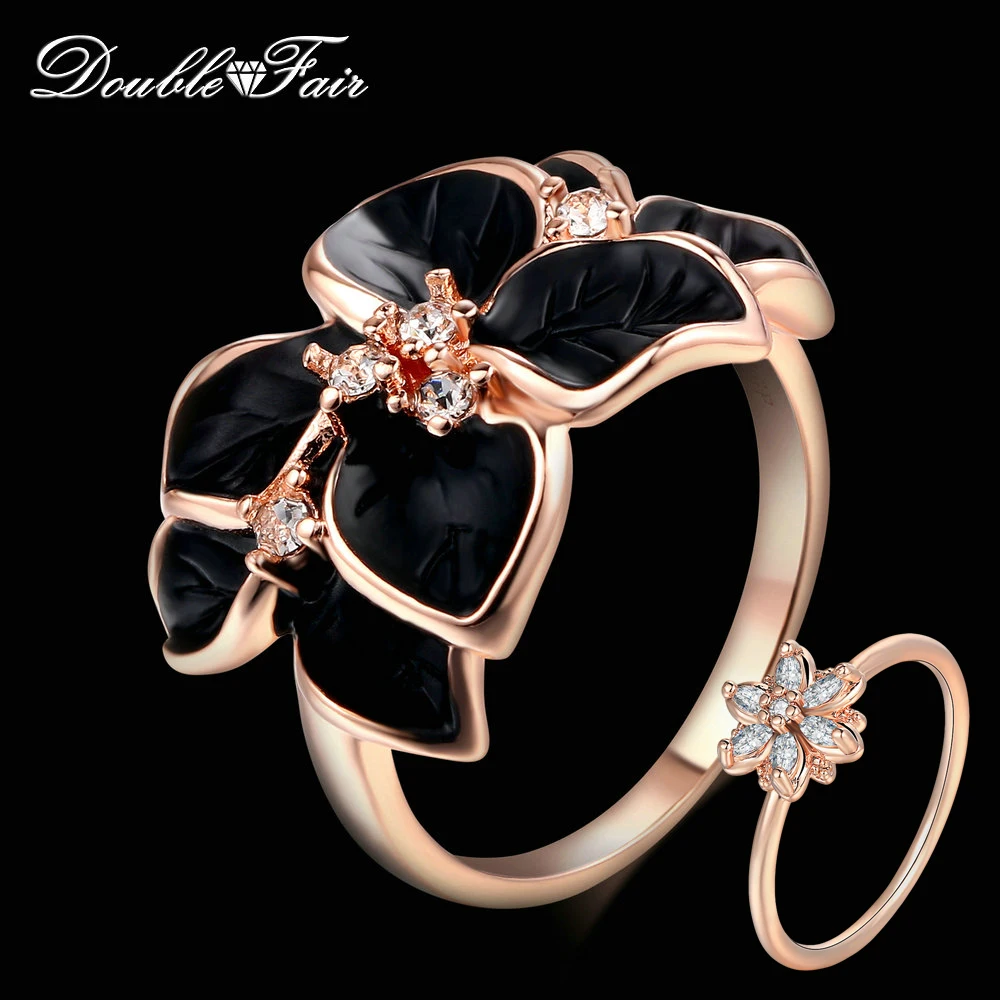 Double Fair Brand Romantic Leaf Black Drip oil Ring Rose Gold Color Vintage Fashion Jewelry For Women DFR678 DFR679