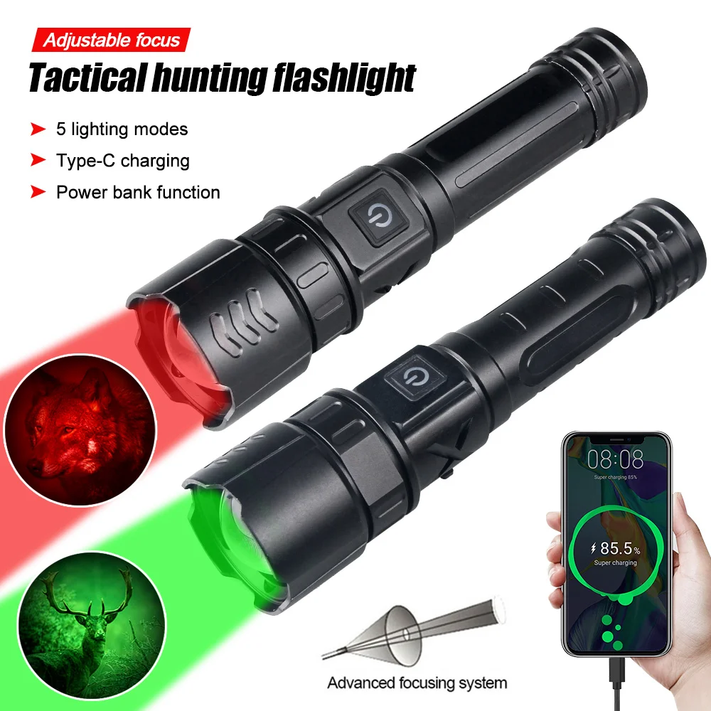 Red Flashlight Hunting Professional LED Zoomable Torch Tactical Rechargeable Lantern Night Scout Light+Press Switch+Clip+18650