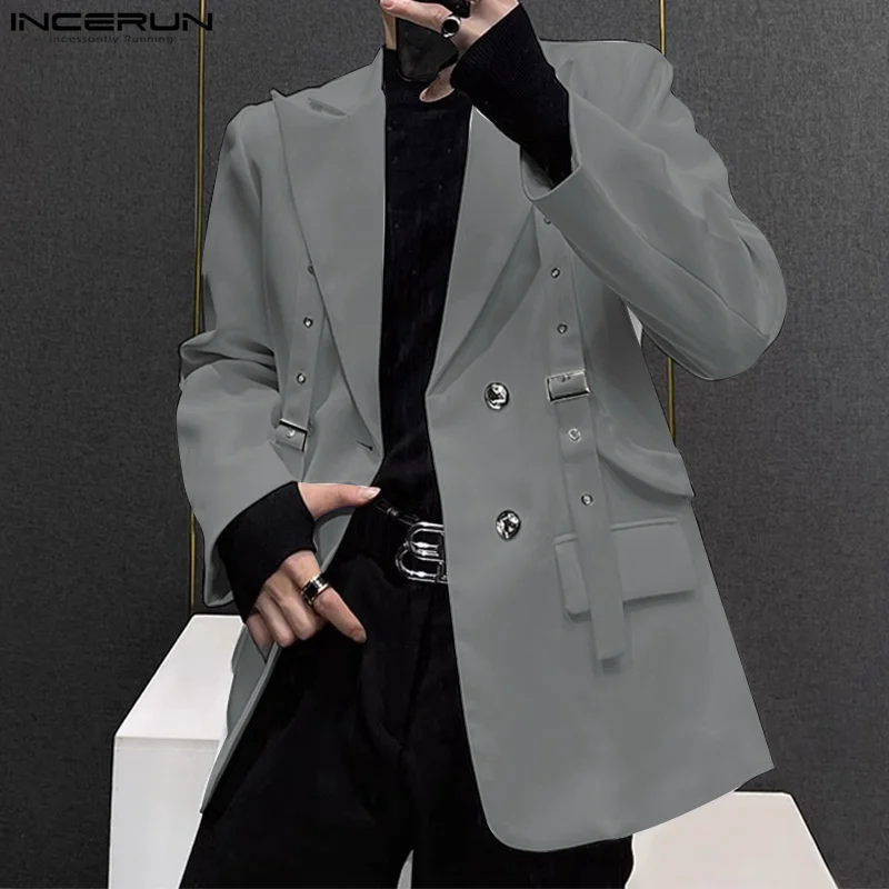 INCERUN Korean Fashion Men Blazer Casual  Long Sleeve Solid Tops Pocket Button Steetwear Male Outfits Well Fitting Vintage Coats