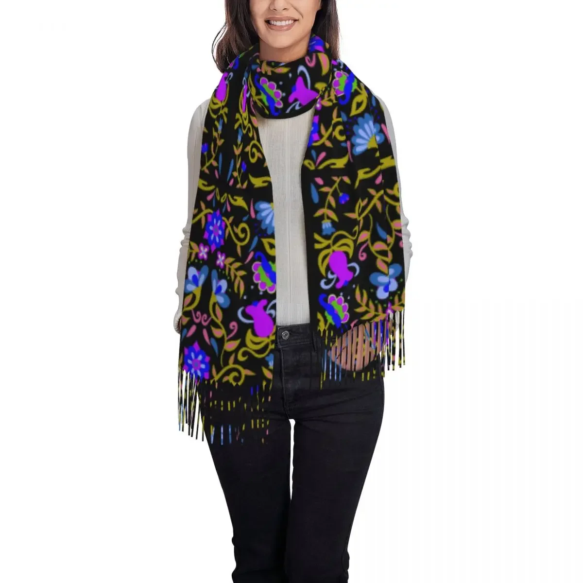 Mexican Flowers Tassel Scarf Women Soft Traditional Textile Art Shawl Wrap Lady Winter Scarves