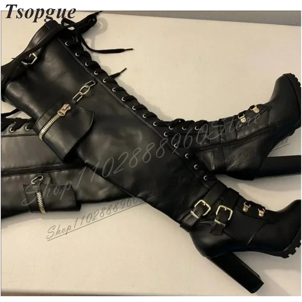 

Over The Knee Black Belt Buckle Cross Tied Boots Thick Heel Women Shoes Side Zipper Pointed Toe 2024 Fashion Zapatos Para Mujere