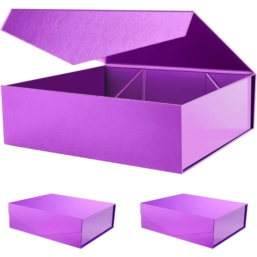 

17x14.5x5.5 Inces 3 Extra Lar Gift oxes wit Lids Magnetic Closure oxes for Clotes and Lar Gifts Glossy ple wit Grass Texture