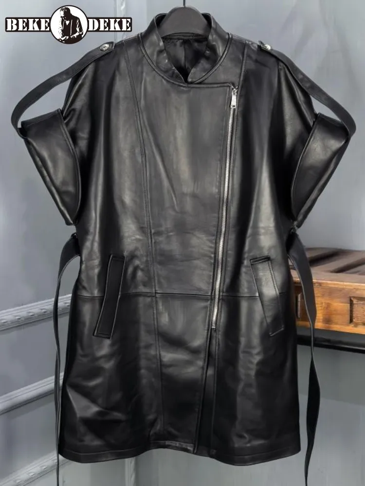 Office Female Genuine Leather Suit Collar Solid Color Jacket Loose Sheepskin Short Sleeves Zipper Sashes Pocket Outerwear