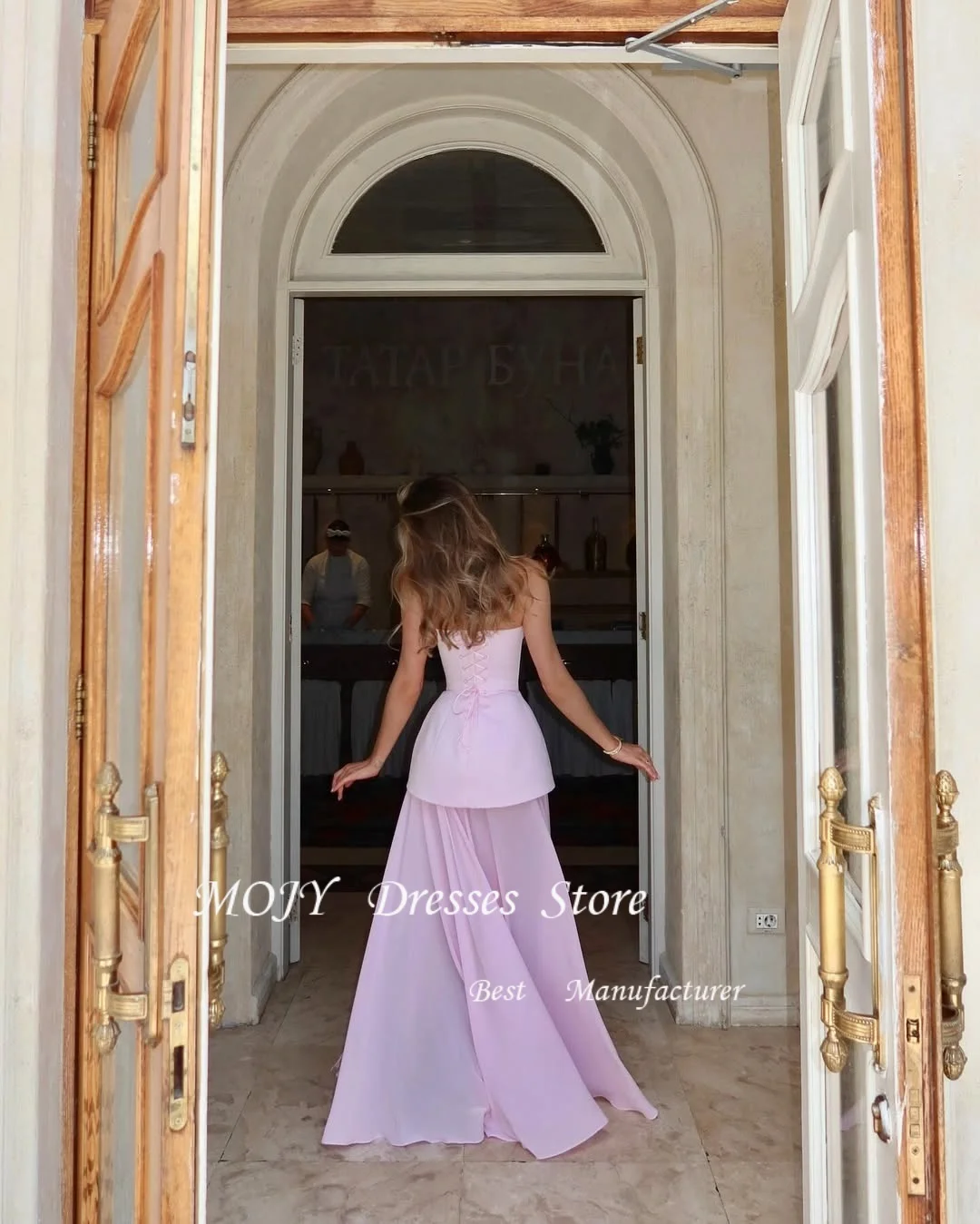 Mojy Pink Sweetheart Neck Customized Party Dresses Sleeveless Side High Split Prom Dresses Lace-Up Floor-Length Evening Dresses