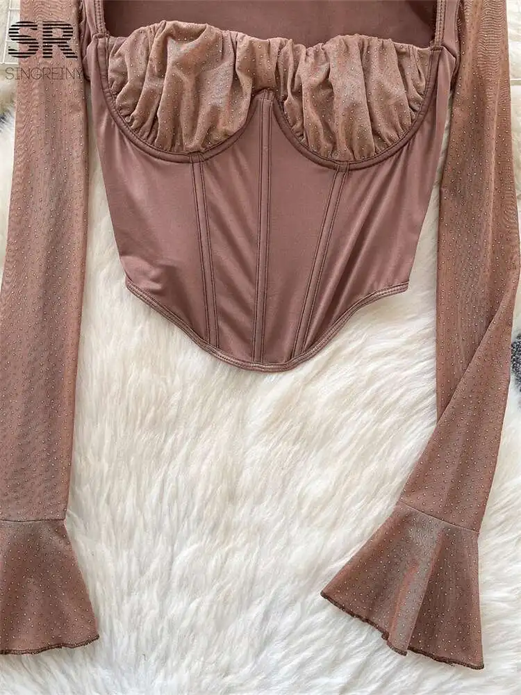 BabYoung Women Hotsweet Beading Tops 스퀘어 칼라 플레어 슬리브 셔츠 디자인 streetwear 솔리드 ​​메쉬 스플 라이스 스키니 기본 블라우스