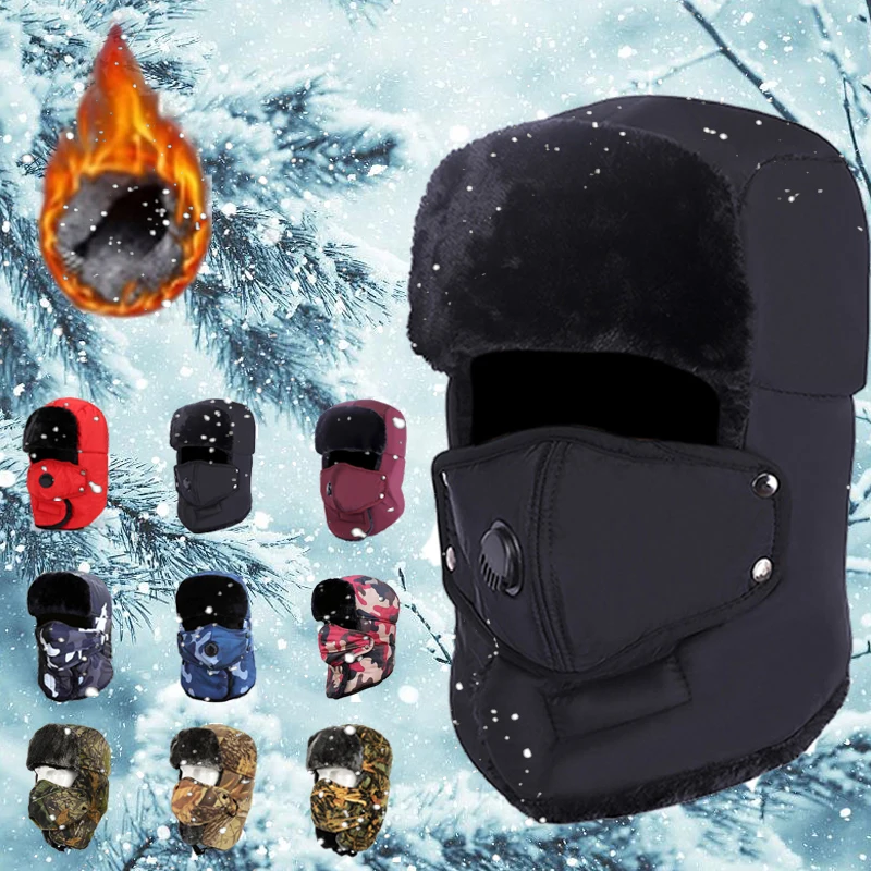 Winter Fur Warm Windproof Hat Men Women Lei Feng Cap Bomber Faux Fur Ear Flap Cap Black Ski Trooper Trapper Cold Anti-snow Cap