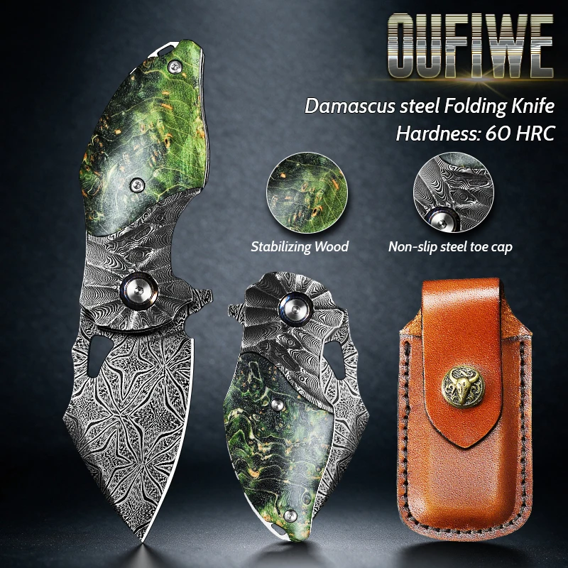 Damascus Steel Folding Knife, Forged Feather-Patterned Blade, Unisex Knife, Everyday Carry Knife, Collector's-Grade Pocket Knife
