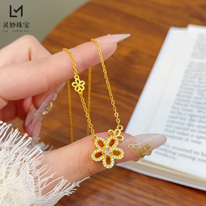 قلادة مجوهرات فاخرة من الذهب الحقيقي عيار 9999 عيار 24 قيراط للنساء مع سلسلة ترقوة زهر الكرز الدوارة هدية رائعة لصديقتك #1