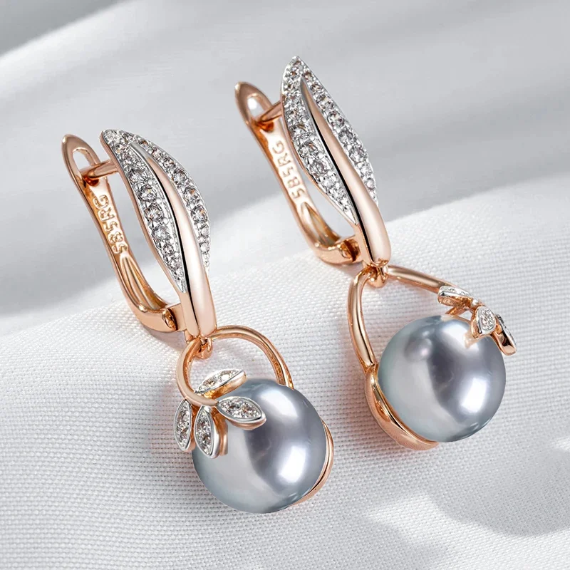 Wbmqda Grey Pearl Women's Long Drop Earrings 585 Rose Gold Color Luxury Wedding Zircon Jewelry Gifts