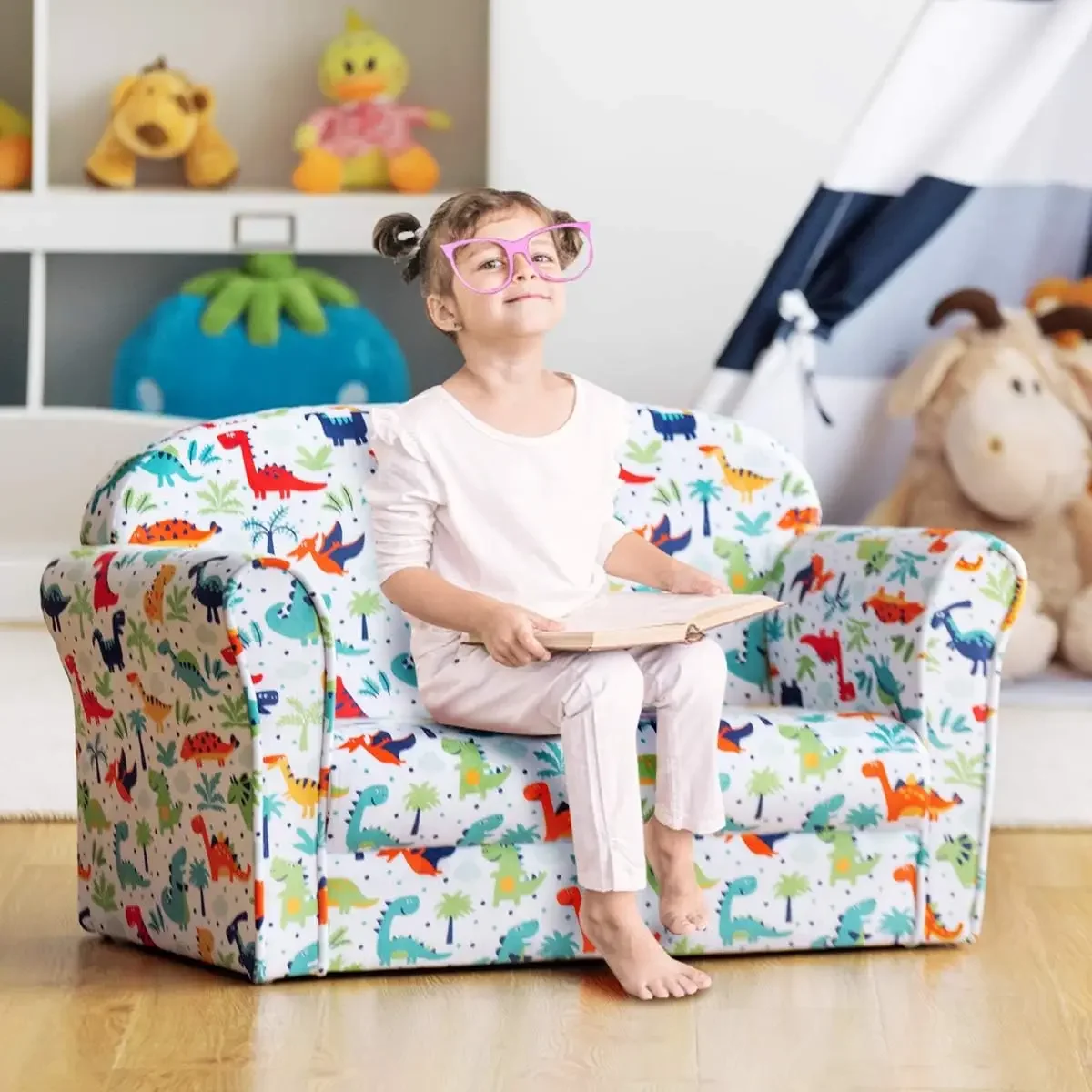 Kids Couch, Double Seat Children's Sofa w/Dinosaur Pattern, Comfortable Back, Easy to Move, Toddler Armrest Chair for Bedroom, L