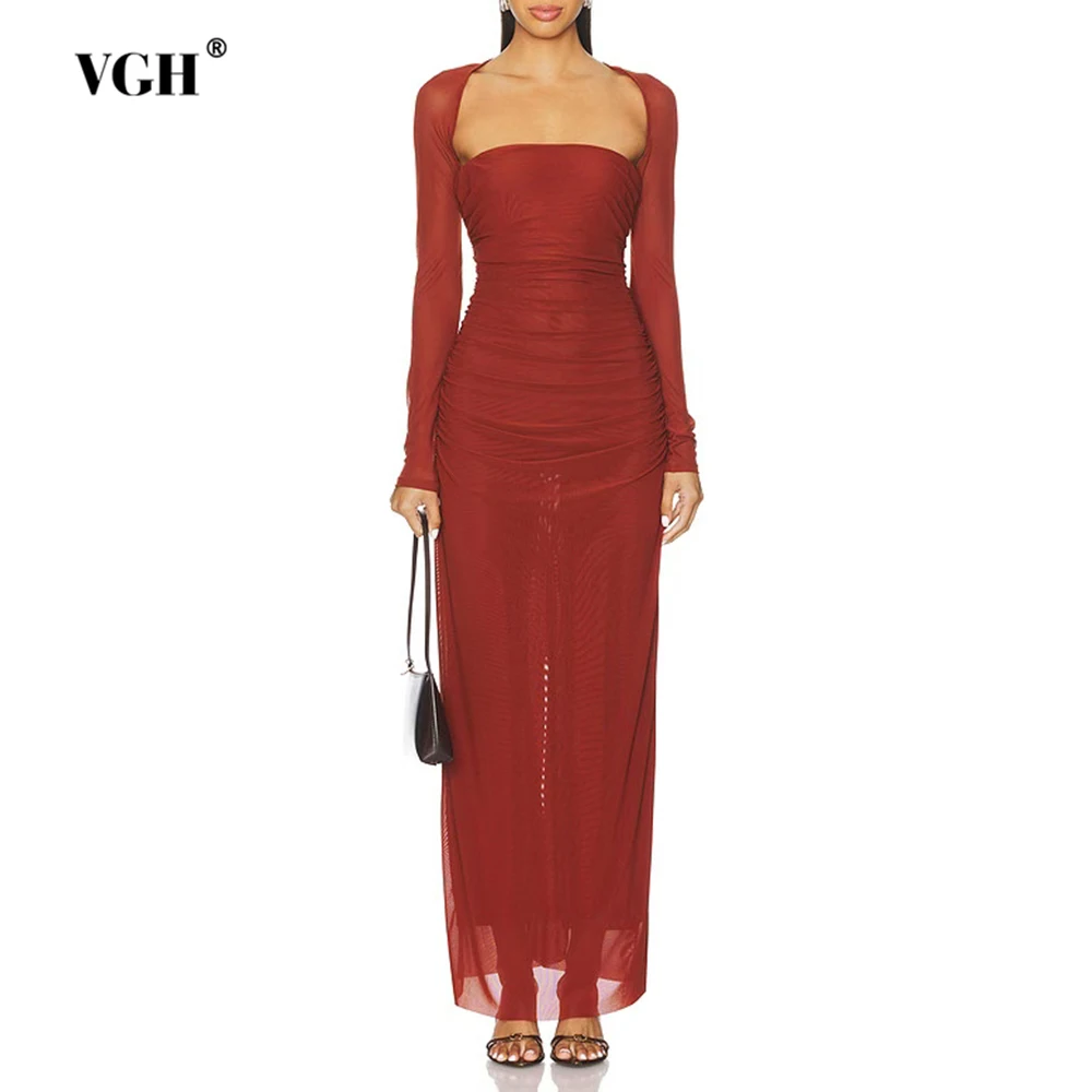 VGH Sexy Red Color Sheer Mesh Long Dress for Women Square Collar Long Sleeve High Waist Folds Evening Formal Gown Female Fashion