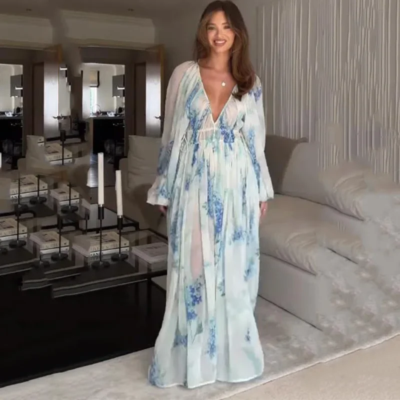 

Women Elegant Pattern Print Chiffon Dress Sexy Deep V-neck Drawstring Waist Maxi Dresses 2025 Casual Long Sleeve Long Party Robe