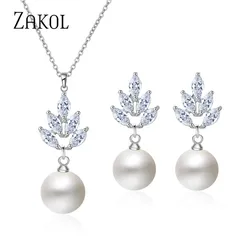 ZAKOL Luxury Zirconia Simulated Pearl Earrings Pendant Necklace Sets for Women Fashion Ceystal Elegant Women Wedding Jewelry