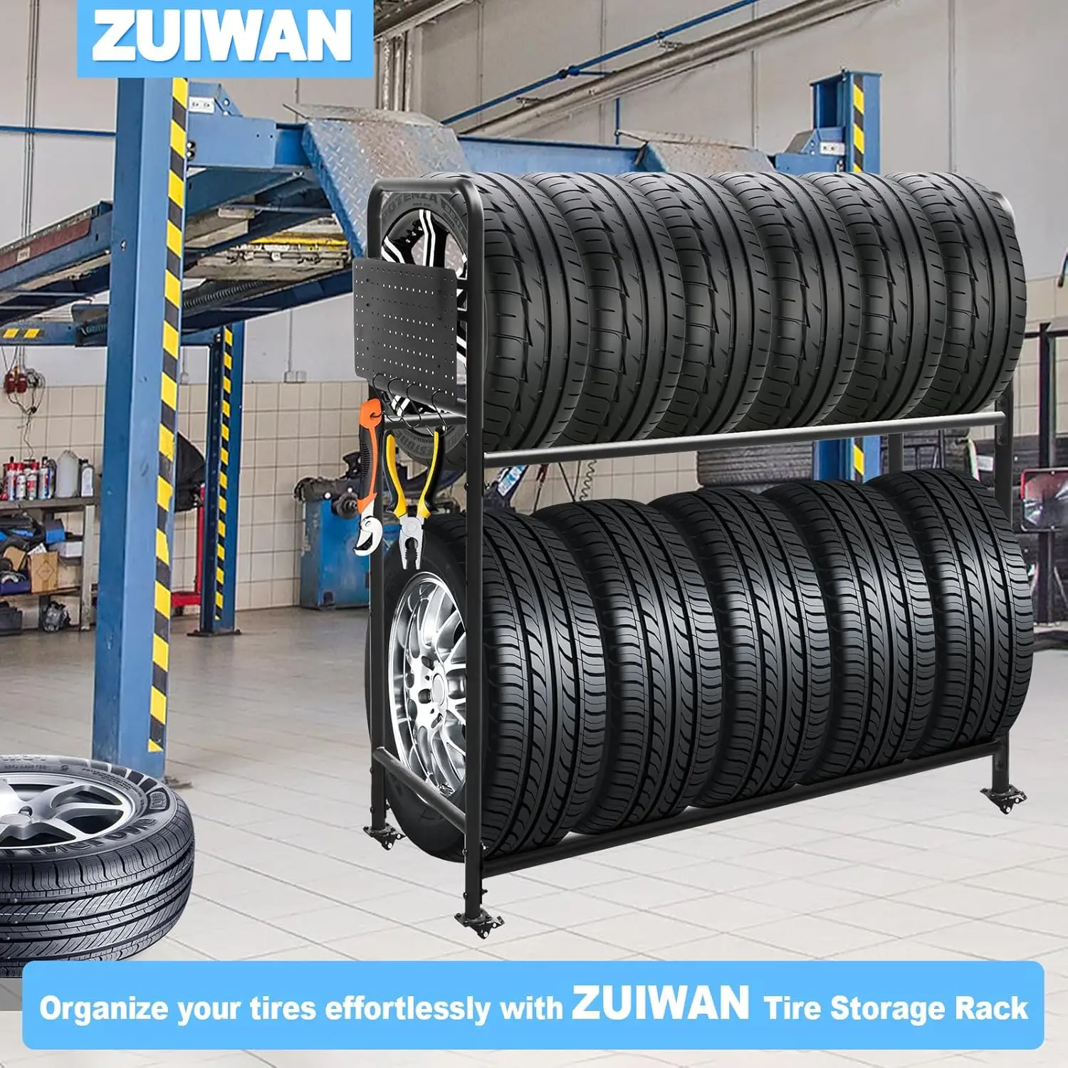 Regulowany metalowy stojak na opony z składaną tablicą narzędziową, 4 kółka obrotowe, wysokość 150 cm, udźwig 300 kg do przechowywania w garażu